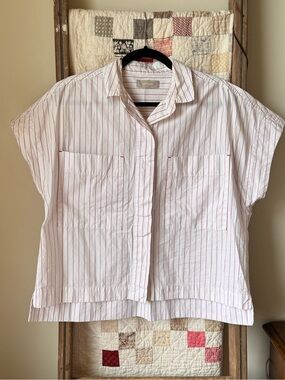Everlane White Button-Up Top with Red Stripes
